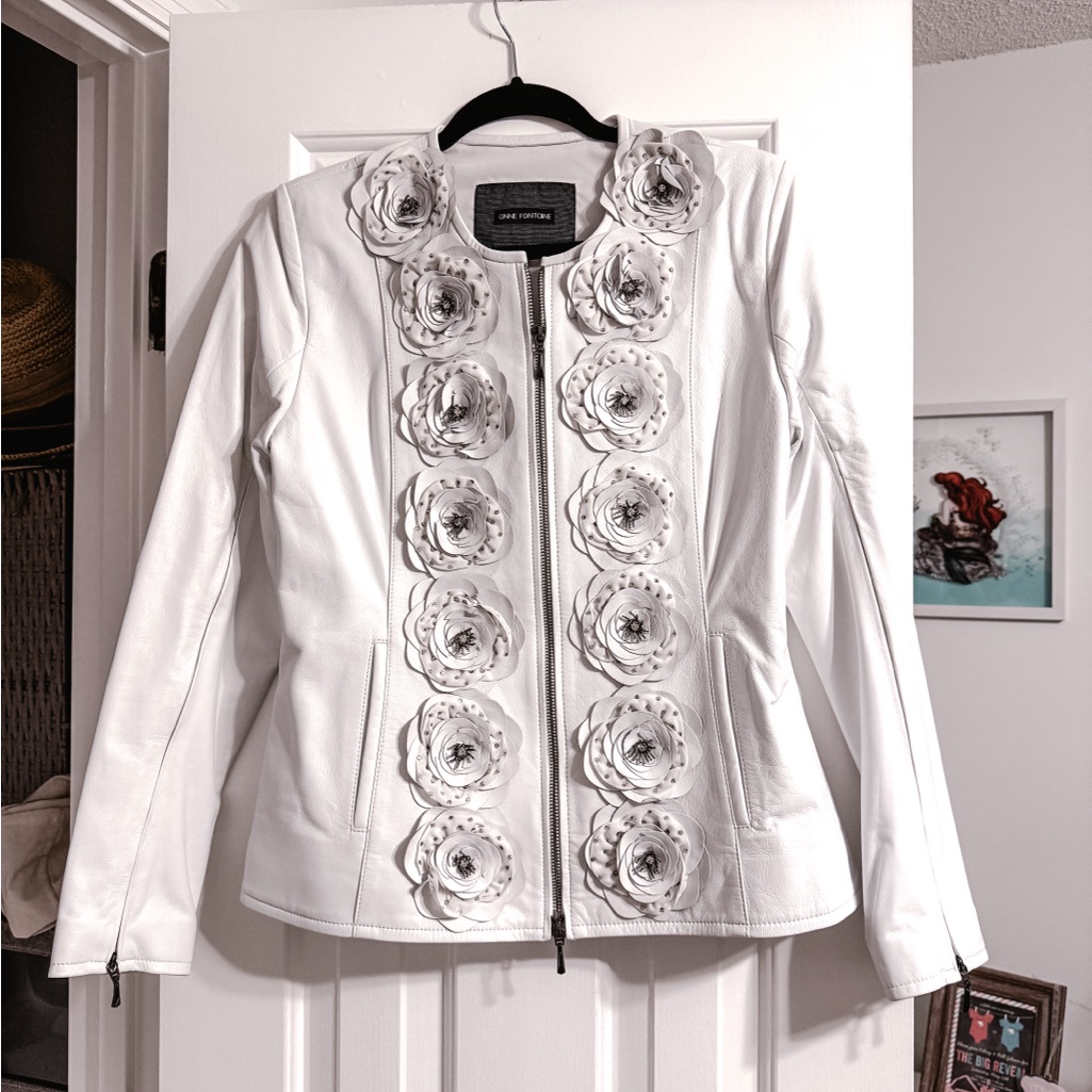 Anne Fontaine White Leather Jacket With Floral Appliqus